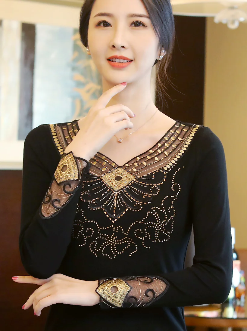 Blusas mujer de moda Осенняя Футболка со стразами с длинными рукавами модная повседневная открытая Сетчатая футболка больших размеров черные женские топы
