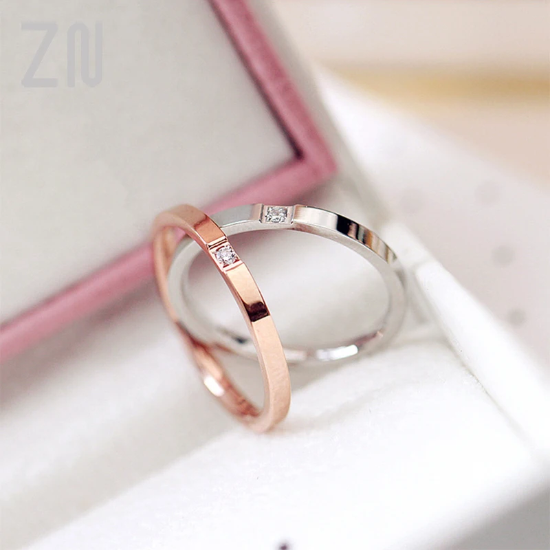 ZN-anillo de acero de titanio de 2MM para mujer y hombre, anillos de boda sencillos de Oro fino rosa de circón cúbico, anillos de joyería para hombre