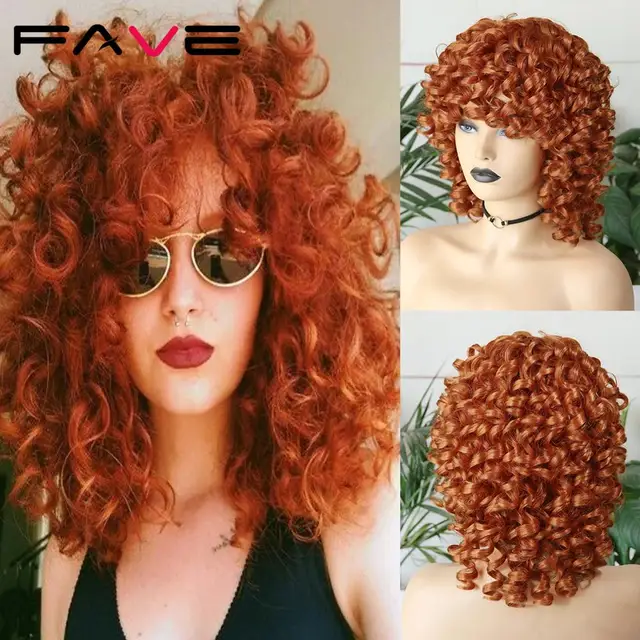 FAVE Afro Kinky Curly Wig With Bangs Black Red Synthetic Hair Shoulder LengthHeat Resistant Fiber For Africa America Black Women Orange