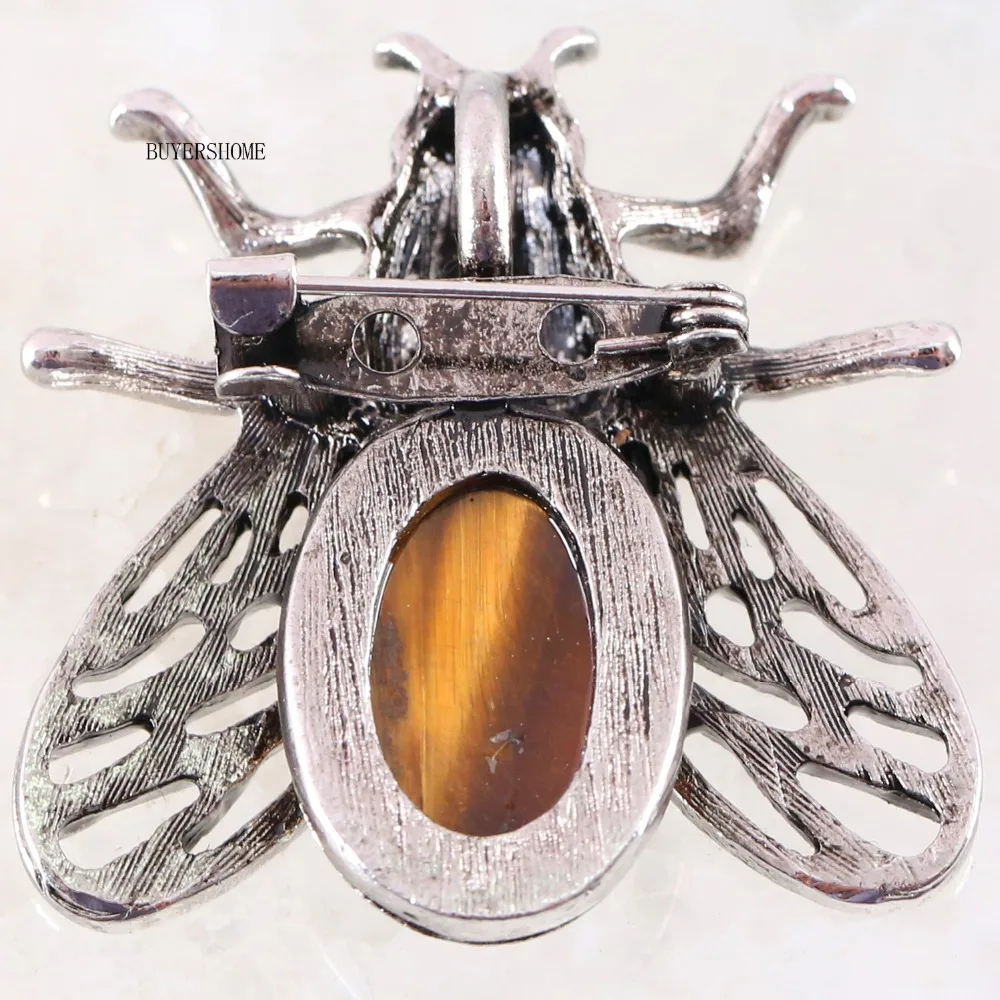 1Pcs Silver Cicada Brooch Natural Stone Pendant Howlite Rhodonite Carnelian Onyx Bead for Men Women DIY Jewelry Making