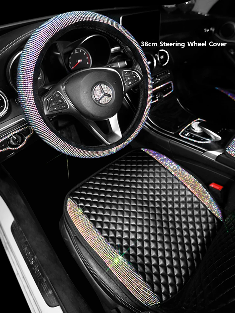 Car Seat Cover PU Leather Full Set Women Bling Rhinestone Interior Accessories Cushion Universal Size Luxury Decoration