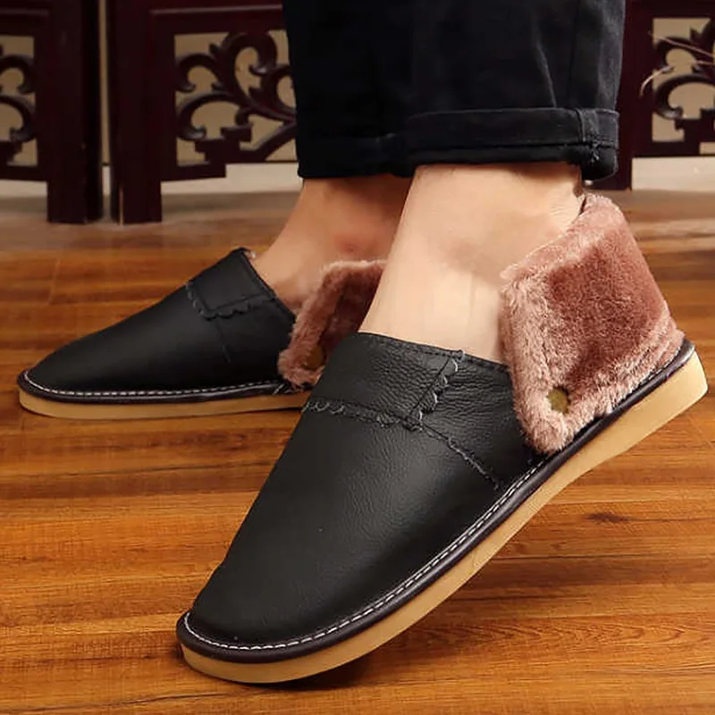 

Furry slippers men's home slippers 2020 spring new arrival genuine leather shoes man indoor slipper