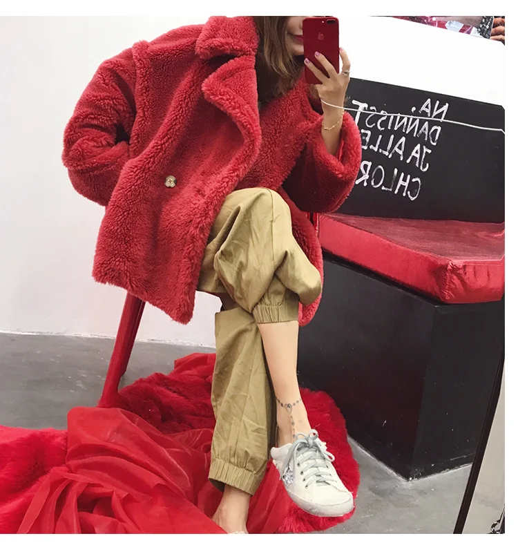 Heydress Женское зимнее теплое длинное пальто из искусственного меха с длинным рукавом, женское толстое пальто с мишкой Тедди, Повседневная Свободная верхняя одежда - Цвет: short red