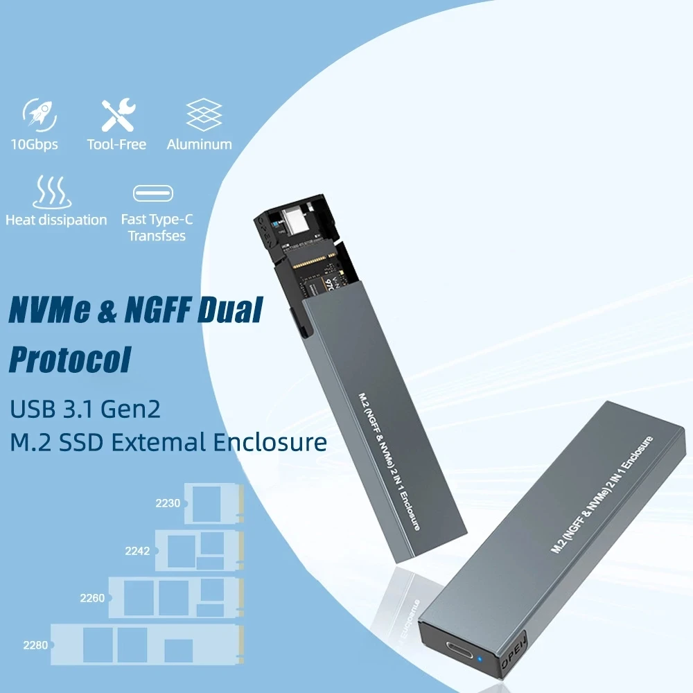Dual Protocol M.2 NVMe SSD Case 10Gbps USB3.1 Gen2 NVMe Enclosure M2 SATA NGFF 5Gbps For 2230/2242/2260/2280 M.2