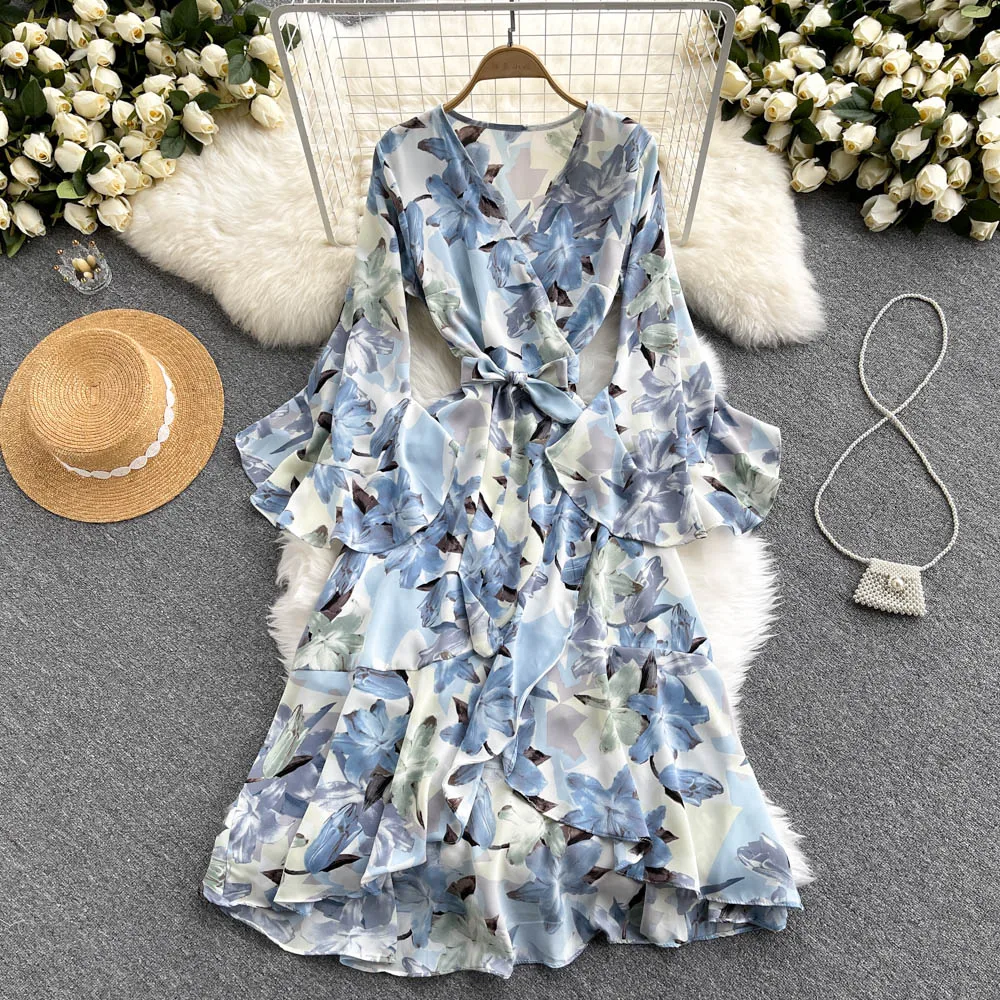 

LUKAXSIKAX New Spring Autumn Women V-Neck Speaker Sleeve Bandage Slim Long Dress Sweet Ruffles Irregular Hem Floral Dress