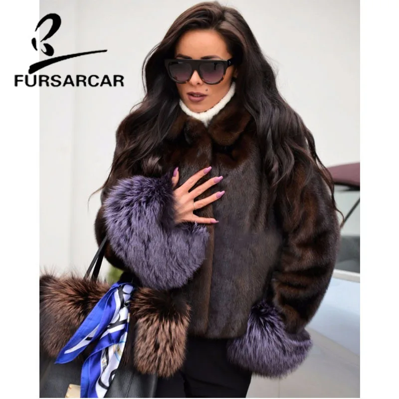 FURSARCAR Новый реального норки пальто Для женщин Зимние Оригинальные Кожаная куртка с Лисий Мех Манжеты Женская мода Короткие норки Верхняя