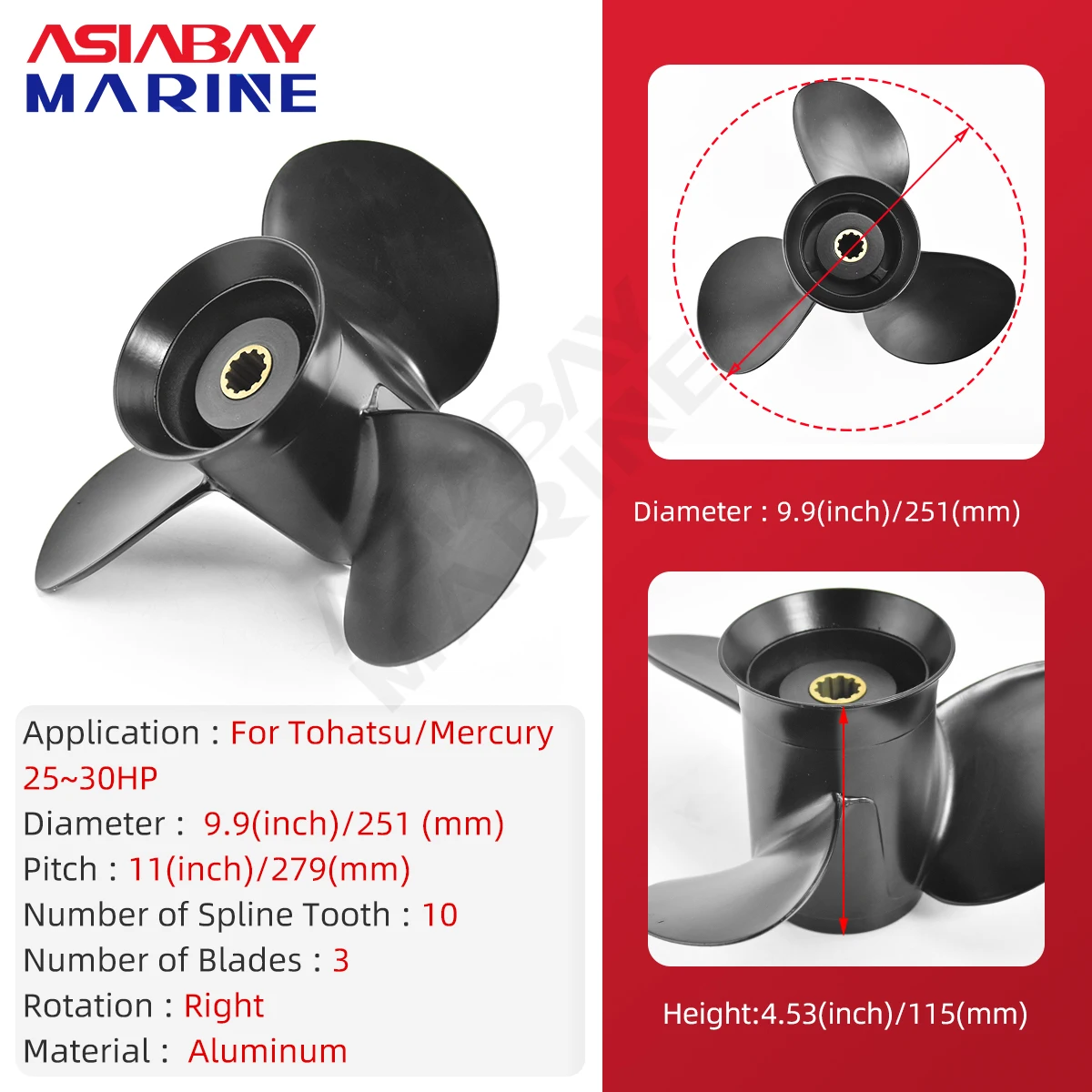 thumbnail image 2 of Outboard Propeller, Replace For OEM 48-8M8026630, 4-Blade 10.3" X 13" Aluminum Boat Propeller, Compatible With Mercury Mariner 25HP Bigfoot/Command Thrust 60Hp Outboard, 13 Tooth Splines, RH | US 2 of 13