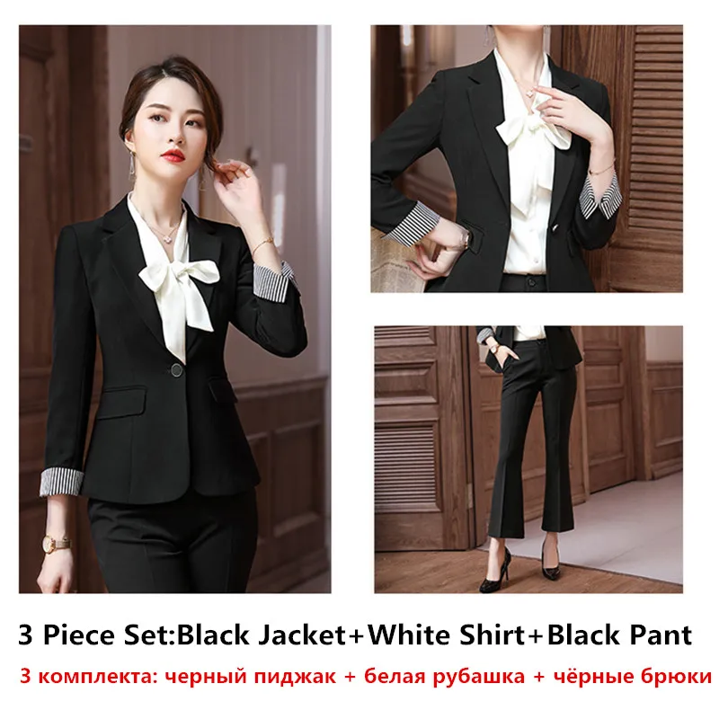 black 3 pcs Женский костюм из синтетической ткани, весенняя куртка с длинными рукавами, штаны, деловой профессиональный женский костюм, темперамент, Рабочий костюм 80803 - Цвет: black 3 pcs