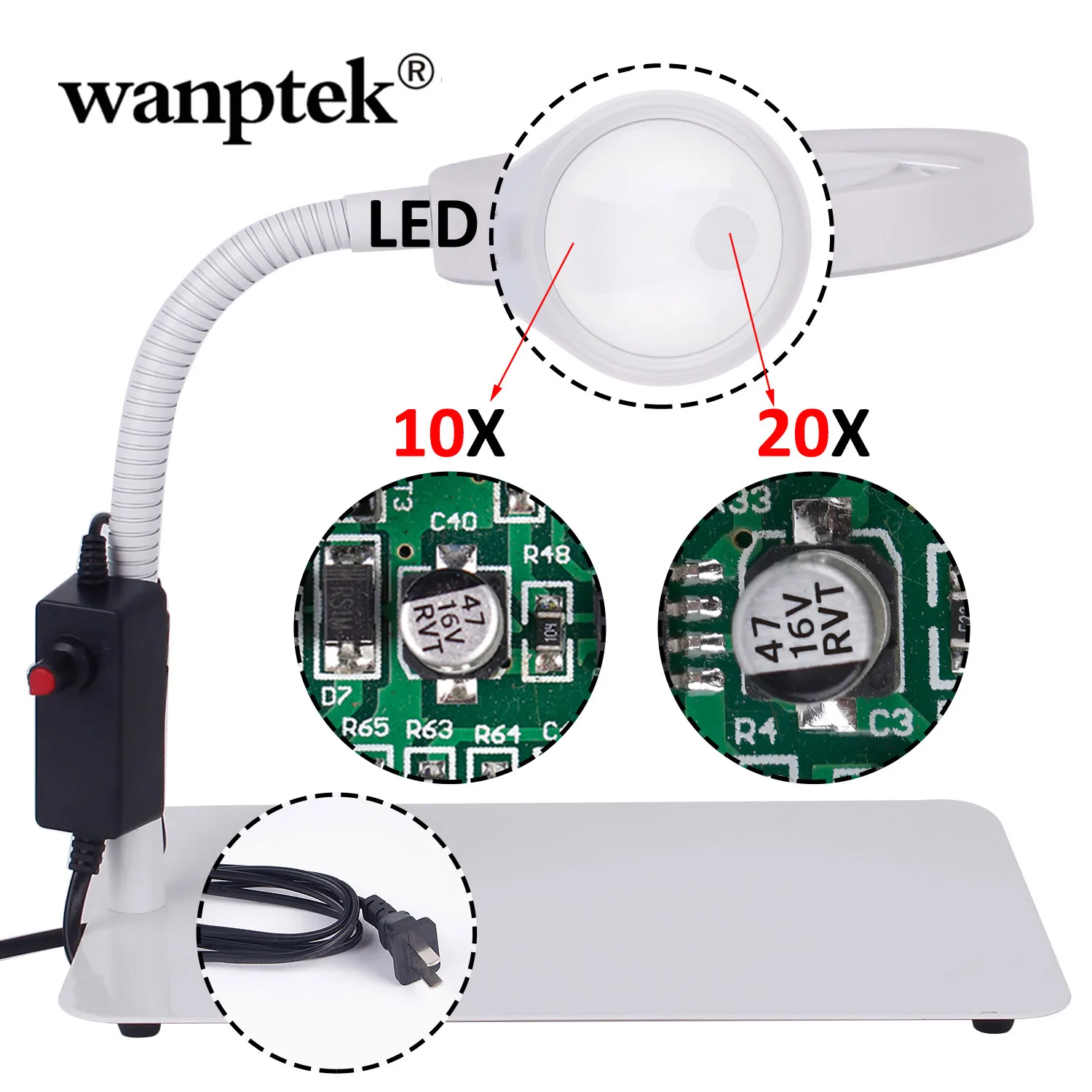 Brand New 10X 20X in one magnifying glass with led light support magnifying lamp with lighting lamp desk magnifier lamp