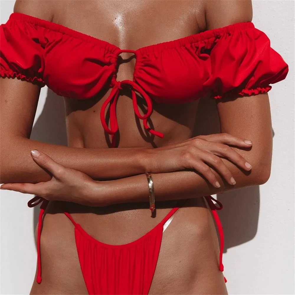 New Red Bikini Short-sleeve Chest Pad Gathered Women swimsuit Thong Push High Swimwear Ladies Sexy Bathers Biquini 2020 Mujer New Red Bikini Short-sleeve Chest Pad Gathered Women swimsuit Thong Push High Swimwear Ladies Sexy Bathers Biquini 2020 Mujer