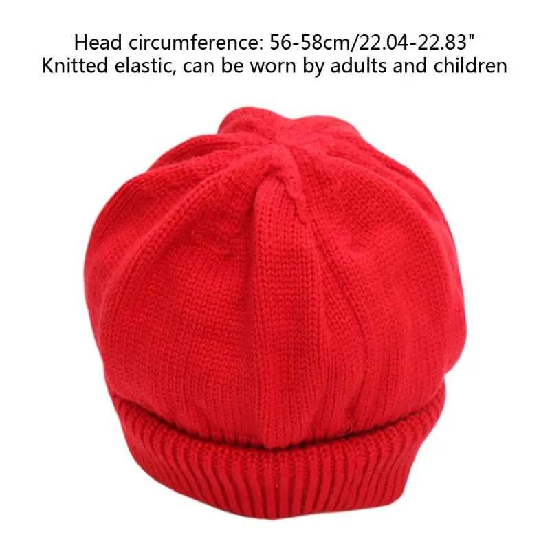 Adults Kids Winter Windproof Warm Knitted Round Top Skull Cap Solid Color Casual Adjustable Brimless Roll Up Cuffed Beanie Hat