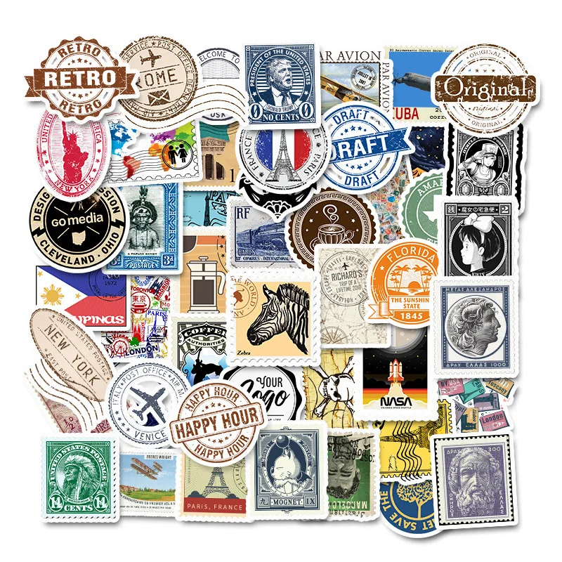 

10/30/50PCS Cartoon Retro Stamp Sticker Graffiti Fotebook Skateboard Suitcase Stationery Sticker Decoration Wholesale