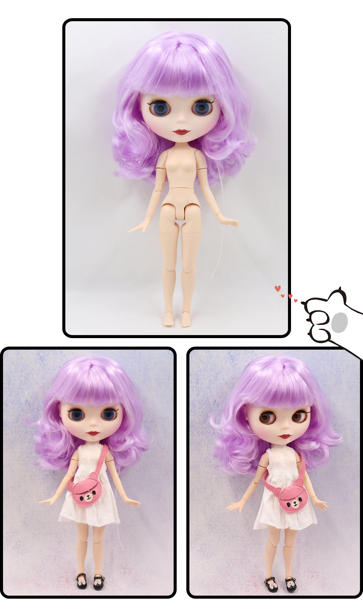Neo Blythe Doll with Purple Hair, White Skin, Matte Cute Face & Custom Jointed Body 1
