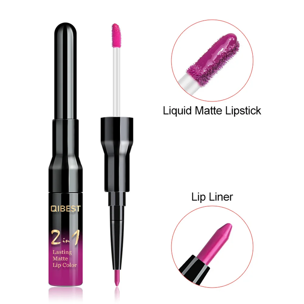 Qibest Double Head Matte Lip Gloss Lip Tint Liner Waterproof Nude Makeup Lipgloss Lasting Matt Purple Red Brown Liquid Lipstick