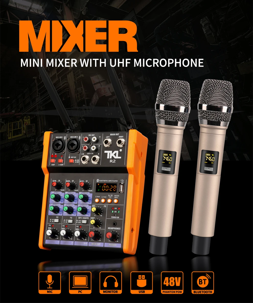 Tkl 4channels Audio Mixer With Uhf Microphone Sound Mixing Rec Bluetooth Usb Record 48v Phantom Power Dj Mixer Stage Audio Aliexpress