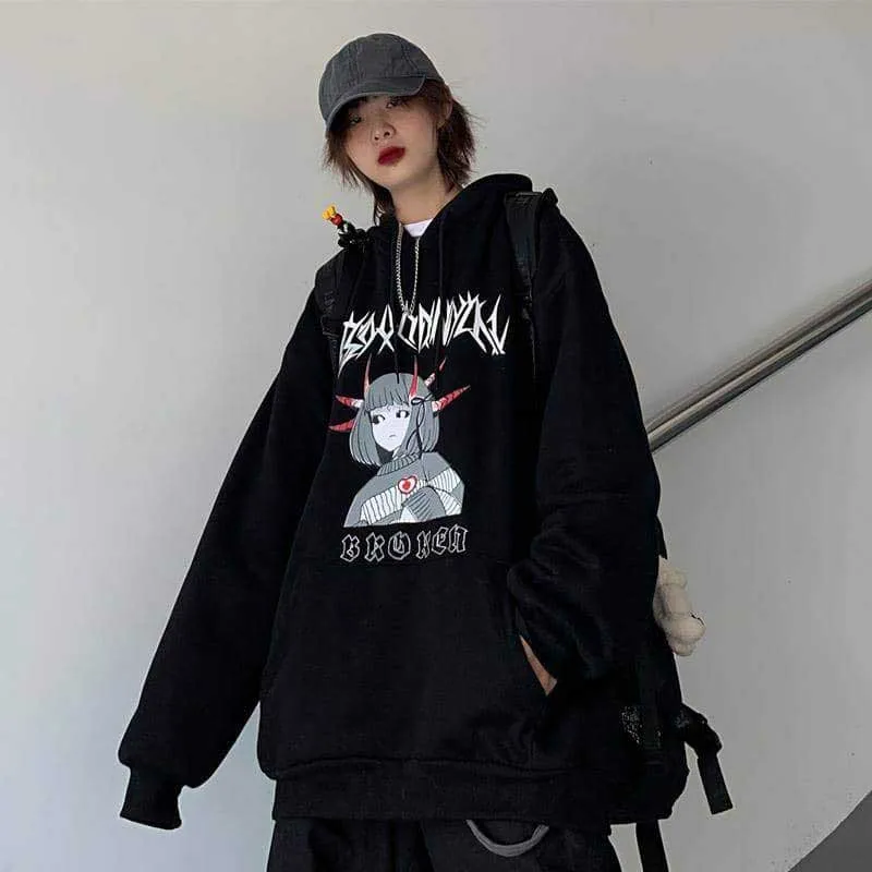 NiceMix Harajuku негабаритных толстовка женская осень мультфильм печати толстовки с длинным рукавом пуловер свободные милые толстовки забавные - Цвет: Черный