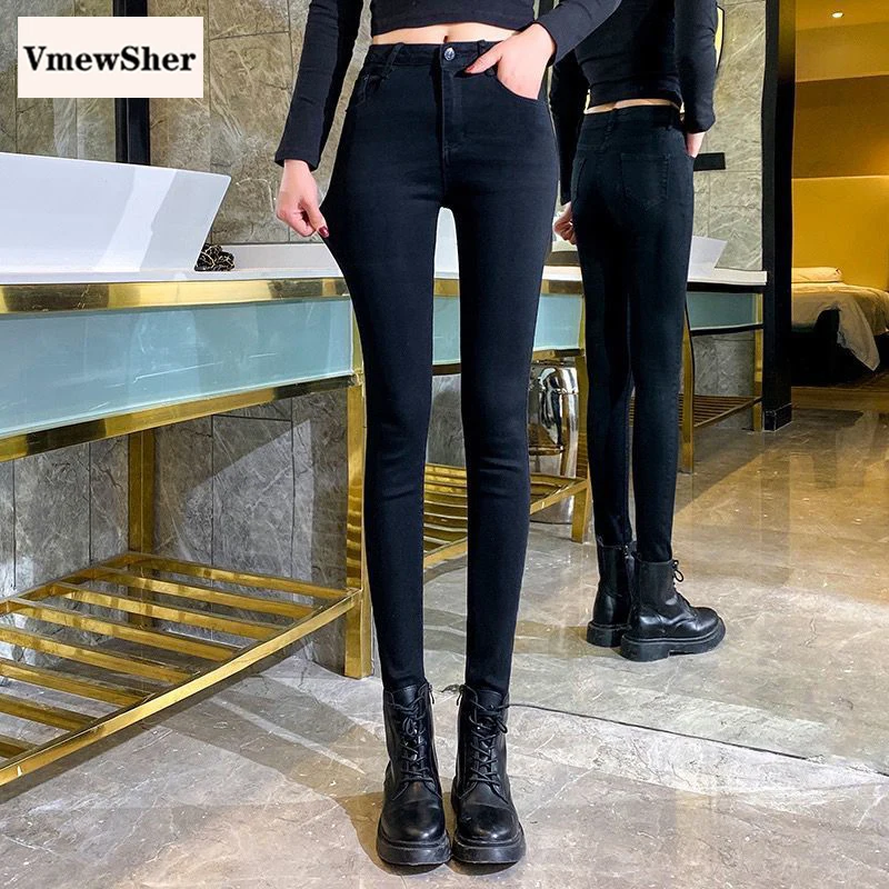 

VmewSher New Stretch High Waist Women Jeans Skinny Washed Pencil Pants Ladies Long Elegant Slim Elastic Denim Trousers