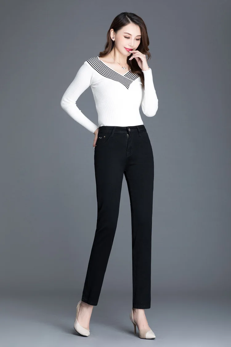 Осенне-зимние женские джинсы с высокой талией, большие размеры, женские джинсы с эффектом пуш-ап для мам, эластичные черные обтягивающие женские джинсы, женские джинсовые брюки