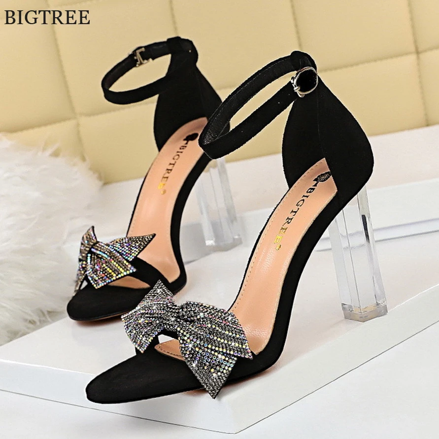 

New Open Toe Fashion Crystal Bowknot Women Sandals Flock/Patent Leather Sexy Ladies Buckle Transparent Heel Party Shoes Platform