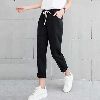 

New Women Casual Harajuku Spring Autumn Big Size Long Trousers Solid Elastic Waist Cotton Linen Pants Ankle Length Haren Pants