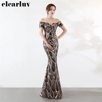 

Floor Length Formal Evening Dress Sequins Plus Size Party Gown DX318-3 2020 Sleeve Robe De Soiree Off The Shoulder Mermaid Dress
