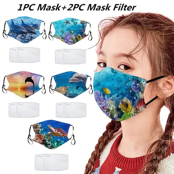 

1PC Kids Children's Sea Animal Print Face Mask For Protection Washable Reusable Earloop Mask with 2pcs Activated Carbon Filter