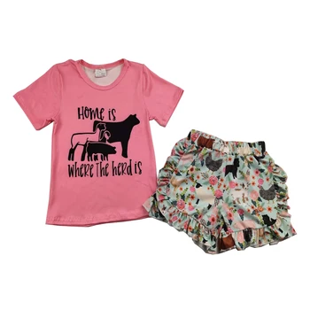 

home is where the herd is printed pink raglan shorts set children girl adorable shorts set