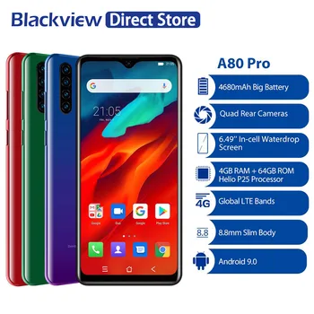 

Global Version Blackview A80 Pro 4GB+64GB 4680mAh Mobile Phone Quad Rear Camera 6.49' Waterdrop Cellphone 4G Celular Smartphone