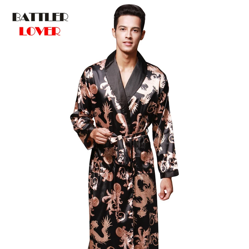 Men Sleepwear 2020 New Mens Robe Long Sleeves Bathrobe Luxury Design Silk Kimono Print Pajamas Bathrobe Night Dressing Gown