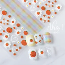 1Pcs Cartoon Orange 3D Stickers for Nails Summer Fashion Sticker Cartoon Fruit Orange Striped Grid Design Nail Art Decorations