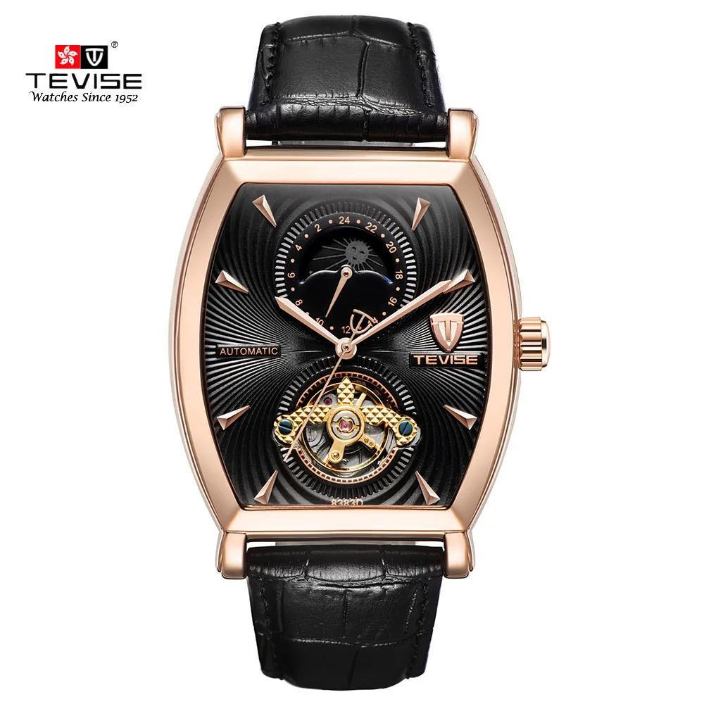 Black Gold TEVISE водонепроницаемые автоматические 8383D механические мужские часы Moon Phase из натуральной кожи с автоматическим заводом мужские повседневные наручные часы - Цвет: Black Gold