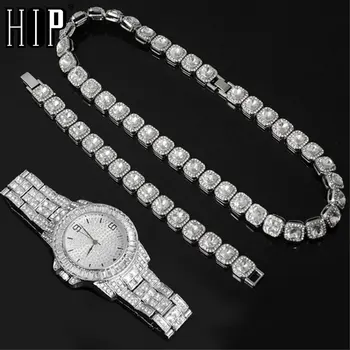 

HIP 12MM Tennis Necklace +Baguette Watch+Bracelet Hip Hop Chain Iced Out Bling Paved Rhinestones CZ Bling For Men Jewelry