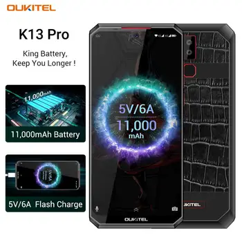 Перейти на Алиэкспресс и купить OUKITEL K13 Pro Android 9,0 мобильный телефон 6,41 дюйм19,5: 9 экран MT6762 4G ram 64G rom 5 V/6A 11000mAh OTA NFC сканер отпечатков пальцев Смартфон