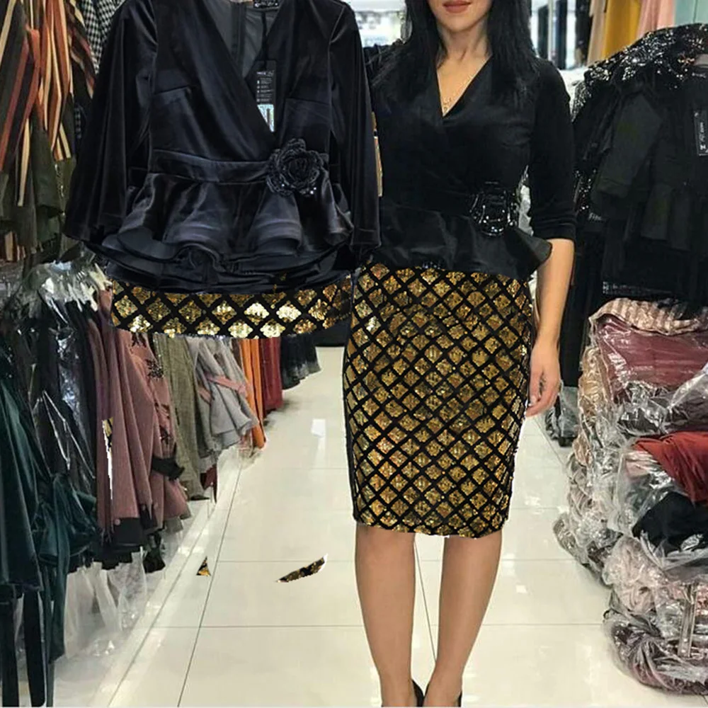 

Vintage Velvet Two Pieces Skirt Set Women Sequin Sheath Skirt and Ruffles Peplum Top Ladies Workout Retro Cocktail Dresses