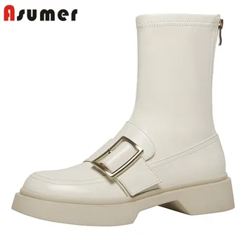 

Asumer 2021 Top Quality Genuine Leather +Stretch Pu Ankle Boots Women Round Toe Low Heel Casual Shoes Buckle Fashion Women Boots