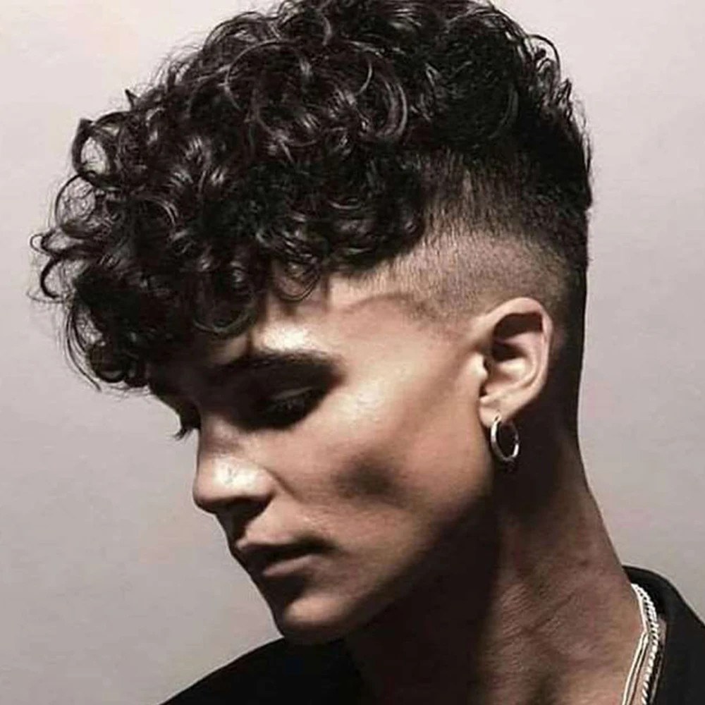 20mm Afro Curly Pu Men Toupee Human Hair Capillary Prosthesis Wigs Replacement System human hair toupee