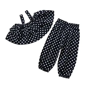 

DishyKooker Children Off Shoulder Dots Suspenders Top with Casual Long Bloomer Suit