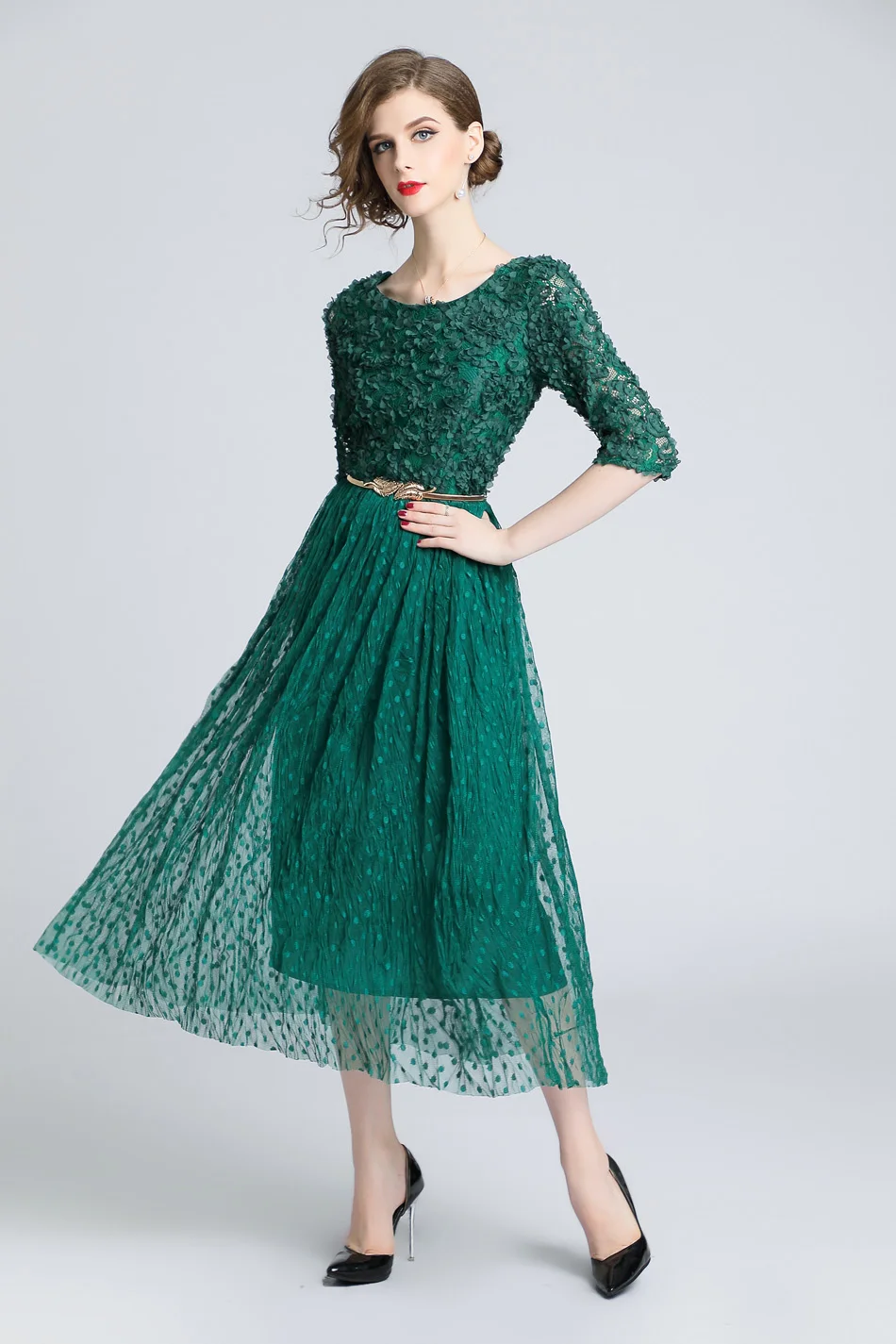 Queen Dot pleats Mesh Dress Work Casual Slim Fashion O-neck Sexy Dresses Women A-line Vintage