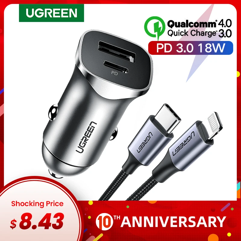 

Ugreen Quick Charge 4.0 3.0 QC USB Car Charger for Xiaomi QC4.0 QC3.0 18W Type C PD Car Charging for iPhone 11 X Xs 8 PD Charger