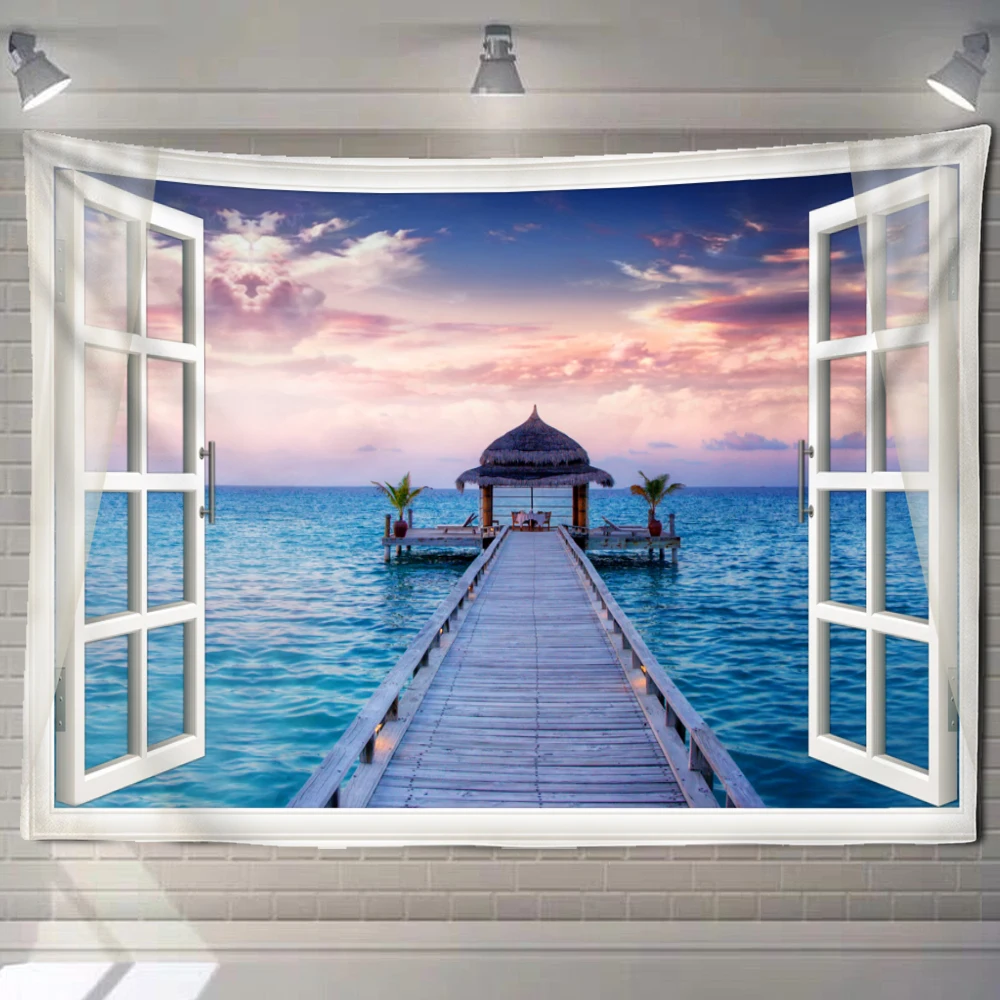 Tapestry Decorations Beach Landscape Window Painting Tapestry Wall Hanging Hippie Tapiz Psychedelic Art Background Home Decor