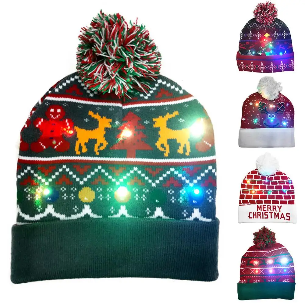 LED Christmas Hats Unisex Winter Thick Knitted Beanie Hat with LED