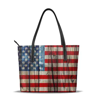 

PU Leather Handbags Old American Flag On Wooden Fence Women Bag Casual Female Bags Trunk Tote Shoulder Bag Ladies