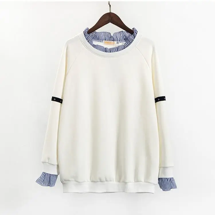 5XL 6XL Plus Size Autumn Women Sweatshirt Winter Casual Long Sleeve Striped Patchwork Pullover Large Size Loose Sweatshirts Tops - Color: white