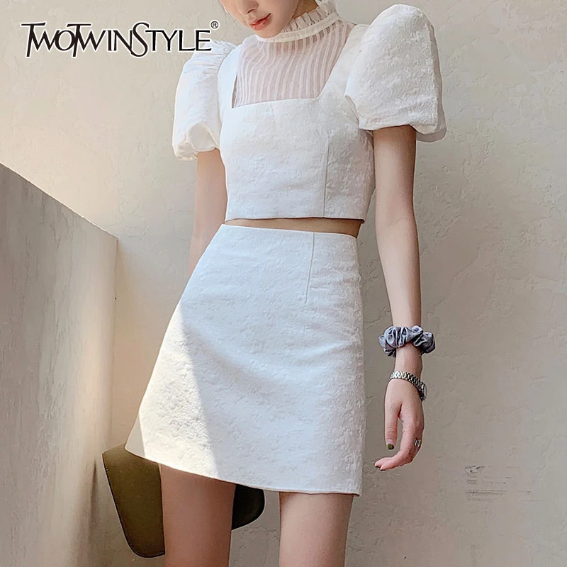 TWOTWINSTYLE Elegant Women Two Piece Set Turtleneck Puff Short Sleeve Short Top High Waist Mini Skirt Patchwork Suit Female Tide TWOTWINSTYLE Elegant Women Two Piece Set Turtleneck Puff Short Sleeve Short Top High Waist Mini Skirt Patchwork Suit Female Tide