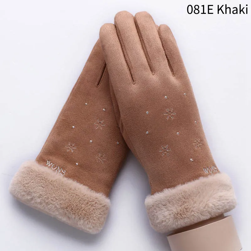 081E Khaki Модные зимние женские перчатки с милым котиком и снежинками, двухслойные кашемировые теплые спортивные женские перчатки для занятий спортом на открытом воздухе - Цвет: 081E Khaki