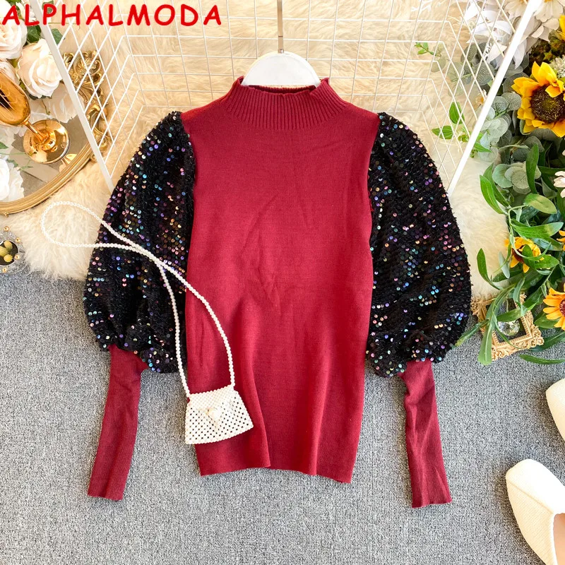 ALPHALMODA Fashion Sequined Sleeve Cute Knitting Sweater Top Lantern-sleeve Patchwork Ladies Trendy Jumpers Outfit | Женская одежда