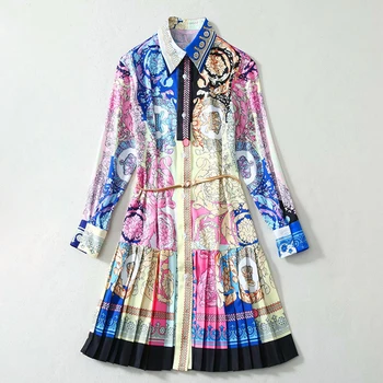 

High Quality Latest Paris Fashion Show 2020 Spring Lady Long Sleeve Retro Print Pleated Shirt Dress