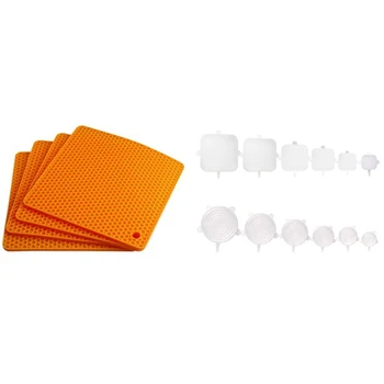 

HOT 4x Square Table Mat Heat-Resistant Table Mat & 1set Silicone Stretch Lid, Food-Grade Reusable Bowl Lids