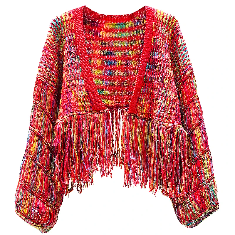 Neploe, осенне-зимний свитер, пальто, вязаный, Радужный, с кисточками, на шнуровке, кардиган, длинный рукав, v-образный вырез, свободная вязаная одежда, верхняя одежда 56742