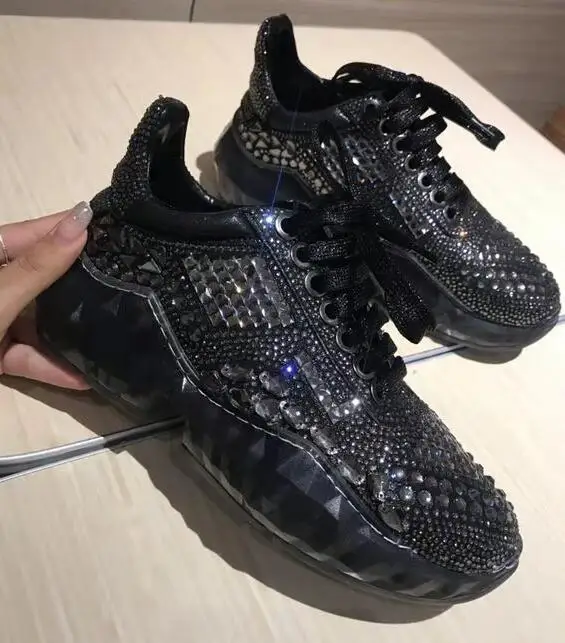 BONJEAN Bling Crysatl декорированные туфли на плоской подошве женские сапоги круглый носок шнуровка Повседневное обуви Ins Стиль папа обувь Стразы кроссовки